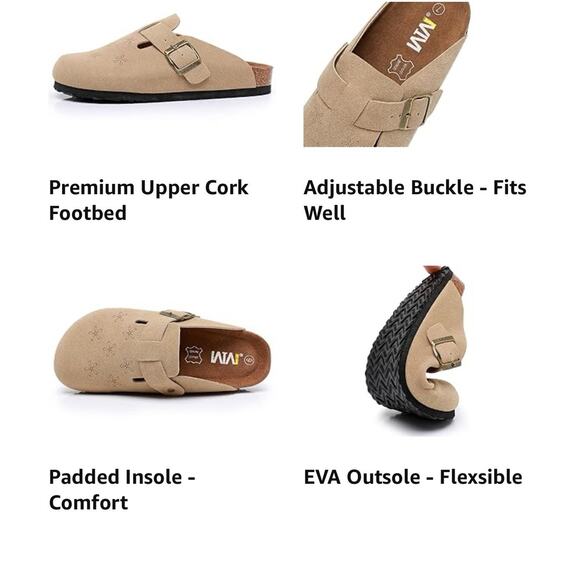 Womens Clogs Slip On Shoes Mules Cork Footbed Suede Leather Size 6 Sand Khaki - Picture 10 of 10